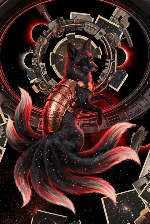 Surrealist photo collage of a mythical nine-tailed fox spirit suspended inside a - AI生成图片 3