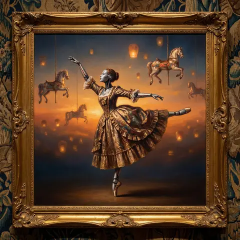 A robotic ballet dancer poised in a midnight carnival, rendered as a sumptuous b - AI生成图片 1