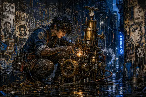A kinetic graffiti street mural of a young tinkering inventor in a rain-soaked b - AI生成图片 2