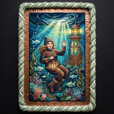 A joyful lighthouse keeper in an underwater abyss, reimagined as embroidered tex - AI生成图片 2