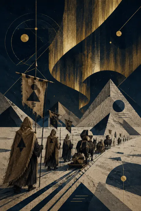 A cryptic procession of hooded desert wayfarers and angular pack-beasts crossing - AI生成图片 2