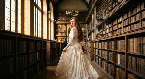 A refined fictional heroine, Elara Voss, with long auburn hair and vivid blue ey - AI生成图片 1