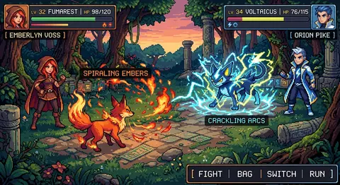 A richly detailed pixel-art battle scene inspired by a classic monster-collector - AI生成图片 4