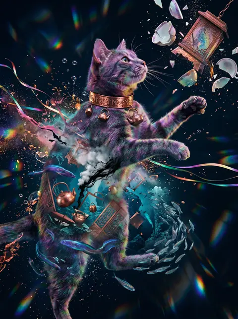 Vertical double-exposure poster of a feral tea-house cat mid-pounce, whiskers fl - AI生成图片 2