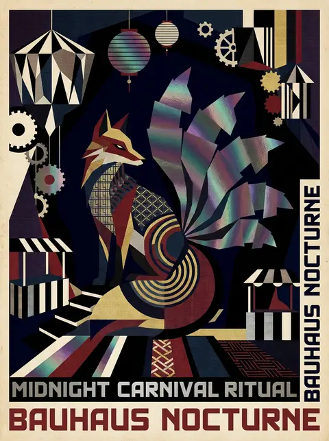 A midnight carnival ritual rendered as a severe Bauhaus poster: a mythical nine- - AI生成图片 3