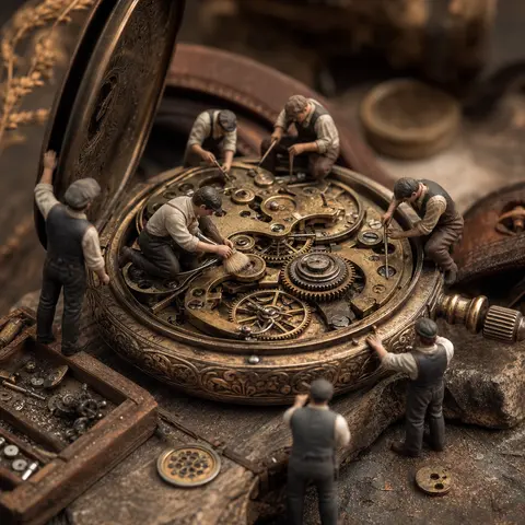 A cinematic ultra-realistic macro tableau of a centuries-old pocket watch underg - AI生成图片 1