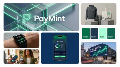 一张高端金融科技品牌视觉情绪板（mood board）拼贴图，整体为干净现代的品牌展示海报，白色背景，圆角卡片网格排版，7个分区，统一品牌名“PayMint”， - AI生成图片 1