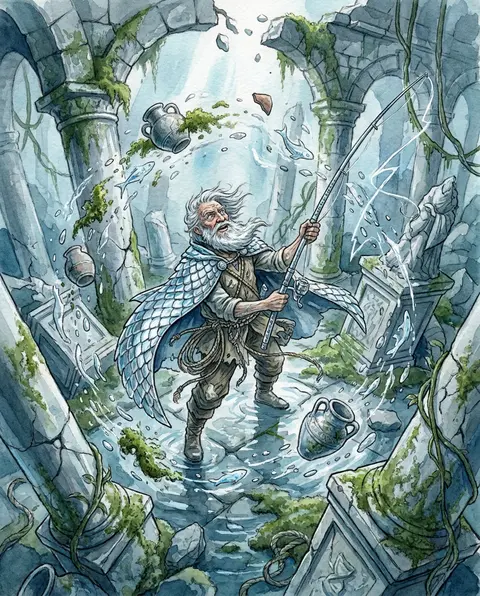 一幅充满失控生命力的水彩故事书插画：一位满脸风霜的年迈渔夫立于坍塌的远古神殿遗址中央，神殿石柱遍布厚重苔藓与湿润裂纹，断裂拱门间卷起狂乱气流；他仰首迎向翻涌天光 - AI生成图片 2