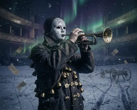 Solitary porcelain-faced wandering street musician wrapped in tarnished brass be - AI生成图片 1