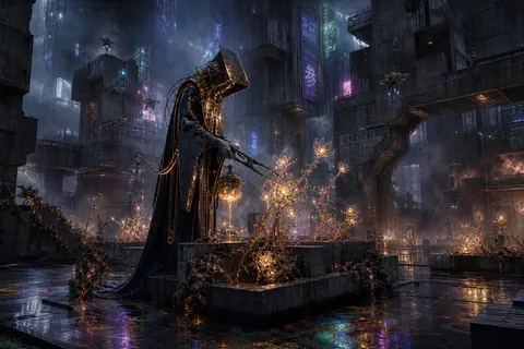 Create a haunting editorial scene centered on a celestial gardener cultivating n - AI生成图片 2