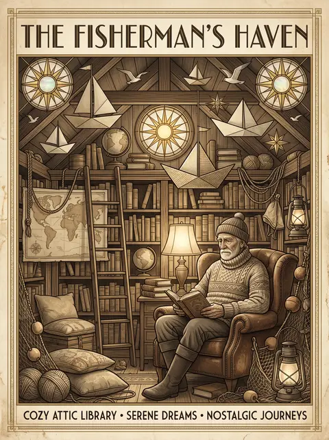 an elderly fisherman in a cozy cluttered attic library, dreamlike and serene, ar - AI生成图片 2