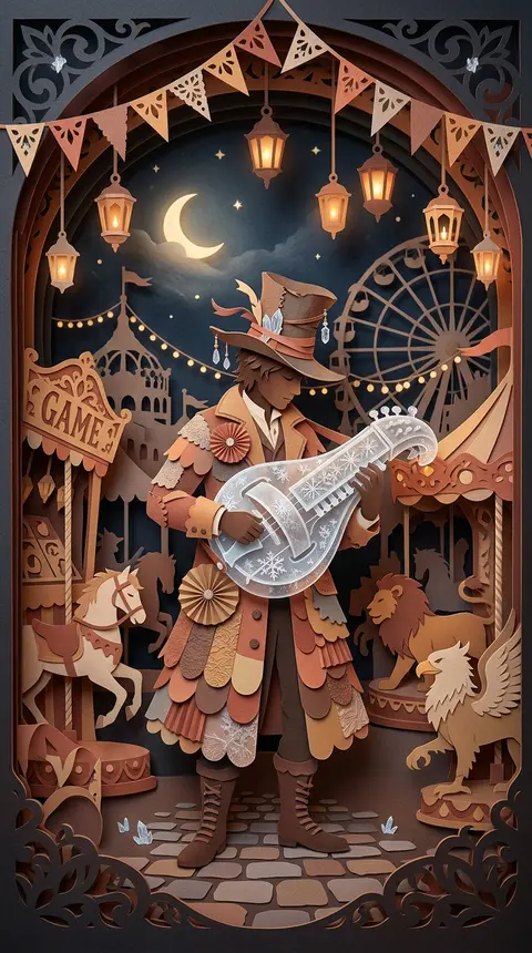 A solitary wandering street musician stands beneath midnight carnival lanterns, - AI生成图片 3