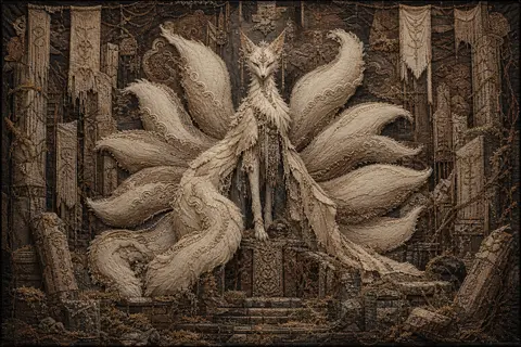 一只神话般的九尾狐灵立于坍塌的古老神殿中央，姿态如征服者般庄严，九条巨尾在身后层层展开，像被岁月供奉的旌旗与光环；残破石阶、倾斜石柱、爬满厚重苔藓的祭坛环绕四周 - AI生成图片 2