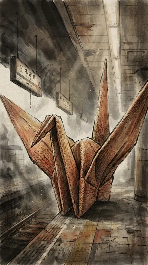 An epic, monumental ink-wash scene on an abandoned subway platform: a living ori - AI生成图片 3