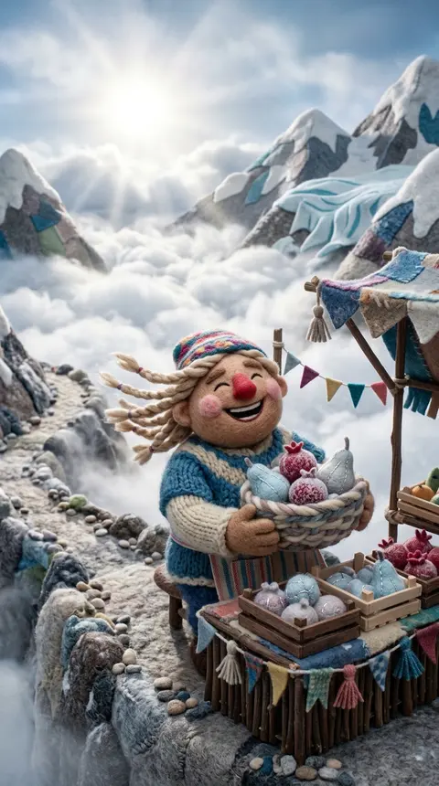 A jubilant claymation stop-motion tableau of a fictional fruit seller perched be - AI生成图片 2