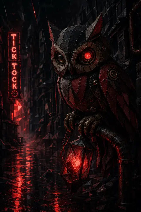 A lone clockwork owl with stitched soft-felt plumage perches in a rain-slick bac - AI生成图片 2