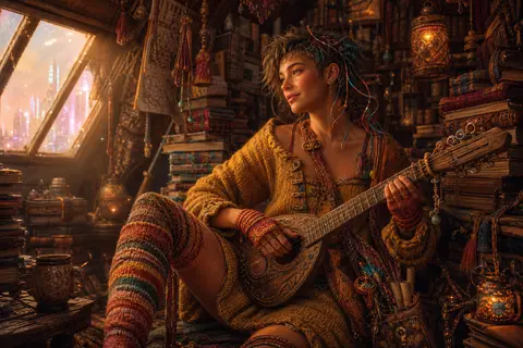 a wandering street musician perched among tottering stacks in a cozy cluttered a - AI生成图片 1