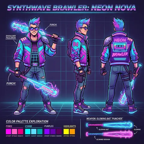 Synthwave BrawlerCreate a detailed character sheet of a Synthwave Retro Brawler - AI生成图片 1