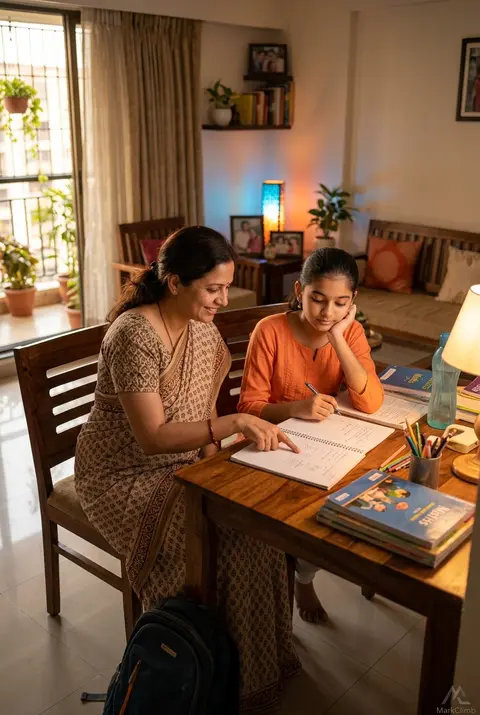 A warm, well-lit Indian living room. A mother sitting beside her child (Class 8- - AI生成图片 3