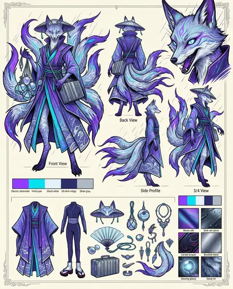 Character design sheet of a mythical nine-tailed fox spirit who brokers stolen r - AI生成图片 2