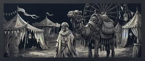 16:9 composition, a sorrow-soaked desert nomad caravan drifting through a midnig - AI生成图片 2