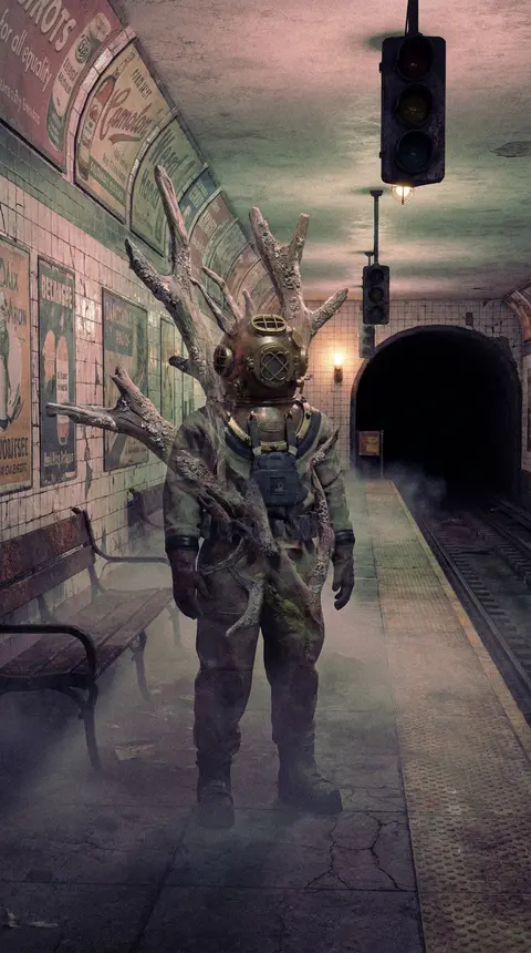 double-exposure photography of a deep-sea diver standing alone on an abandoned s - AI生成图片 3