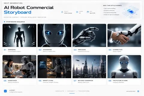 TITLE: Futuristic AI Robot Commercial Storyboard FORMAT: • Single-page premium - AI生成图片 1