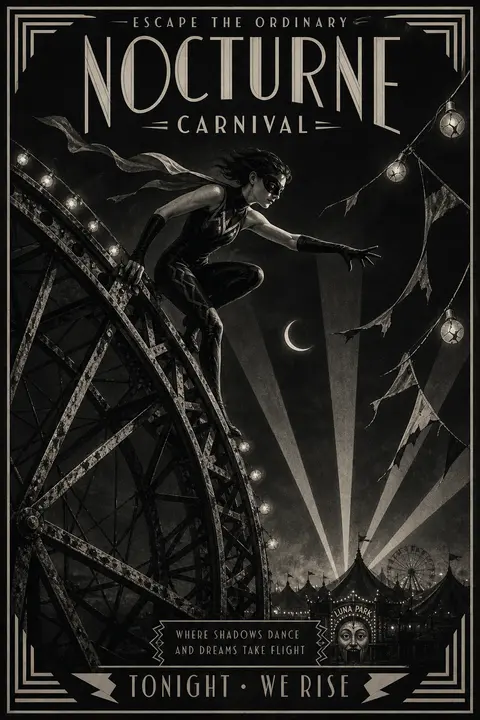 Midnight carnival scene rendered as a vintage art deco travel poster: a masked a - AI生成图片 2