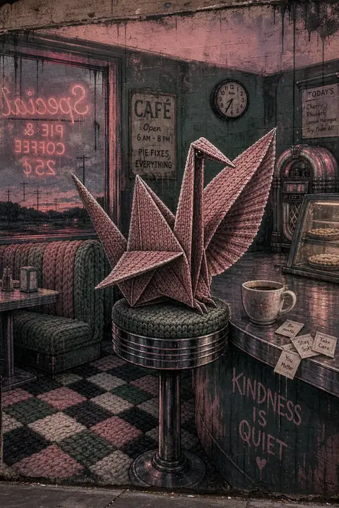 A living origami crane perched on a chrome-topped diner stool, delicately foldin - AI生成图片 1