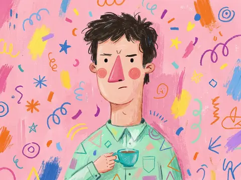 Whimsical hand-painted editorial illustration of a bearded man with messy dark h - AI生成图片 1