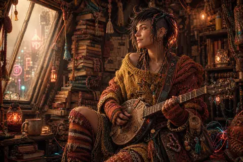 a wandering street musician perched among tottering stacks in a cozy cluttered a - AI生成图片 2