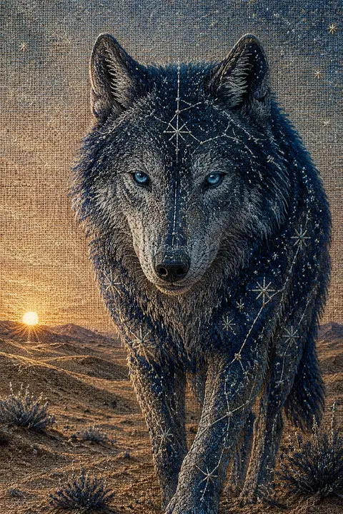 An intimate close-up of a wolf formed from constellations, stitched in embroider - AI生成图片 1
