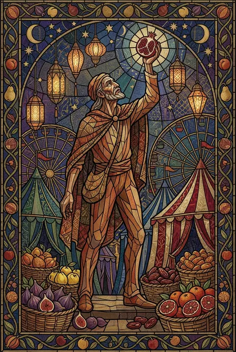 A towering fruit vendor with a wind-carved face stands atop a midnight carnival - AI生成图片 4