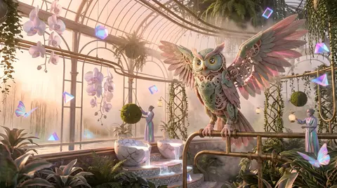 A dreamlike serene vaporwave poster of a clockwork owl perched within a sunlit g - AI生成图片 1