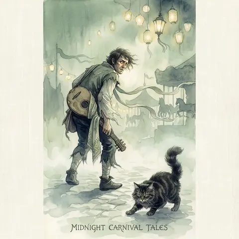 At a midnight carnival under swaying lantern constellations, a wandering street - AI生成图片 4