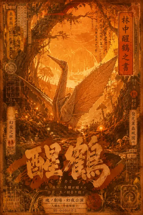 一只苏醒的折纸纸鹤立于幽暗发光林地中央，纵向极简构图，梦境般宁静气息；整体重塑为浮世绘木版画风，画面以温暖落日橙渐变统治，从琥珀到焦糖再到微熔金色，没有黑白对比 - AI生成图片 3