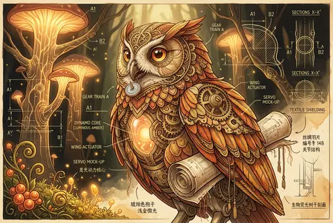 一只发条猫头鹰作为画面核心，置身于会发光的夜林深处，整幅作品以古老工程蓝图示意图的方式呈现，却反常地充满欢快、明亮、近似晨光洒落般的愉悦气息。竖幅 4:5，主体 - AI生成图片 2