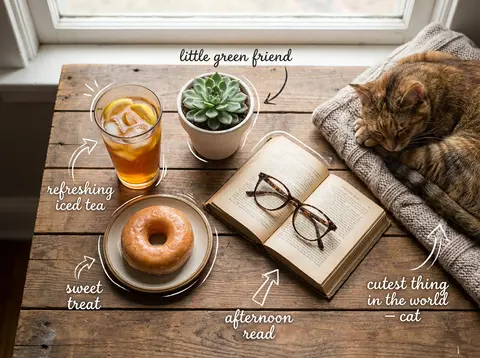 Top-down flat lay on a rustic wooden table, cozy aesthetic, soft natural light. - AI生成图片 1