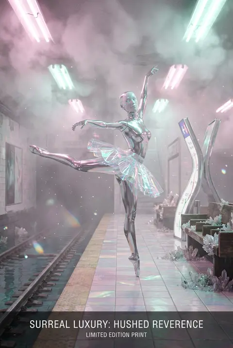 A robotic ballet dancer poised mid-arabesque on an abandoned subway platform flo - AI生成图片 1