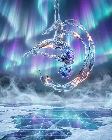 Masked carnival acrobat suspended above a frozen tundra, aurora curtains ripplin - AI生成图片 1