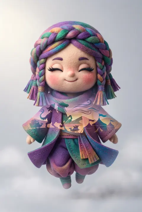 一支由绒毡拼接而成的荒漠游 caravan 在黎明沙海中央轻盈停驻，主角是一位夸张比例的幼态沙旅领队：超大的脑袋与极小的身躯，盘腿悬浮在离地数寸的晨雾里，闭目含 - AI生成图片 2