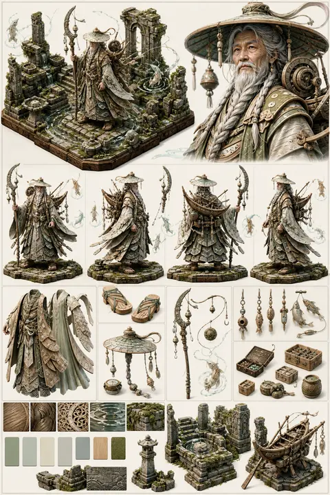 official character concept sheet for a dreamlike ranged guardian, centered on an - AI生成图片 2