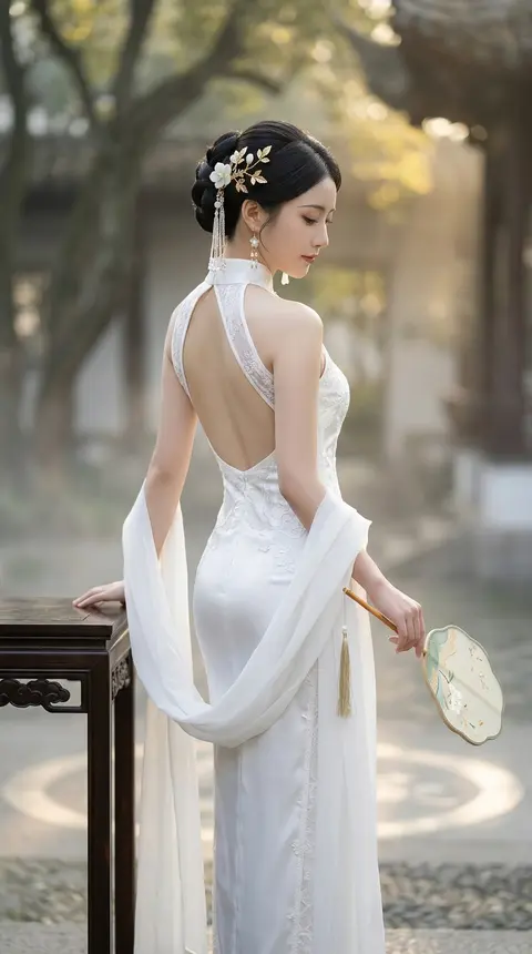 一位成年东方古典美人，`9:16` 竖版构图，侧身偏背面的人像视角，立于画面中央偏左，成为绝对视觉焦点。她微微侧身回眸，低首含蓄，神情安静温柔，流露出清冷、婉约 - AI生成图片 2