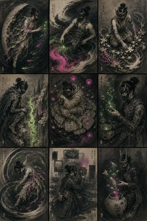 A refined 3x3 art grid in traditional ink wash painting, each panel showing the - AI生成图片 2