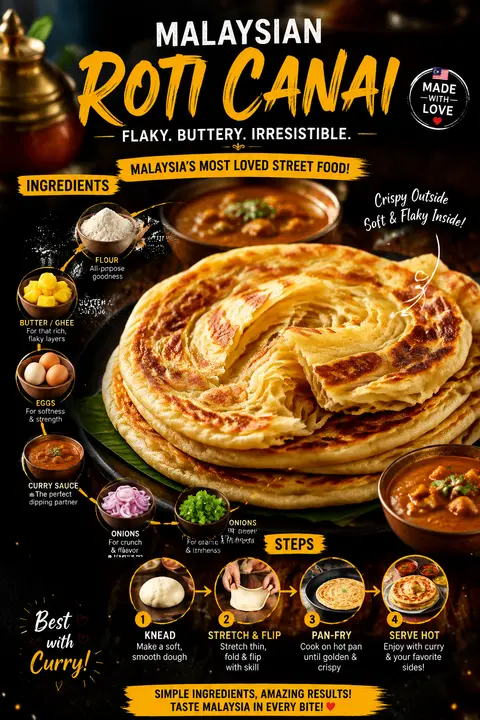 Ultra-viral recipe infographic.Showcase MALAYSIAN ROTI CANAI — golden, flaky, cr - AI生成图片 1