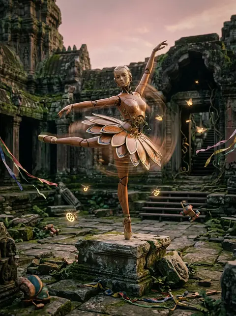 A robotic ballet dancer with articulated lacquered-wood limbs pirouettes across - AI生成图片 4