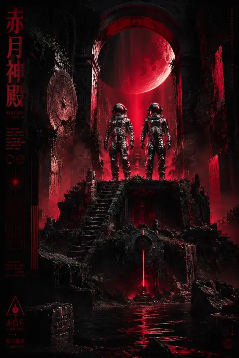 16:9 cinematic vaporwave poster of twin astronaut explorers standing atop a coll - AI生成图片 1