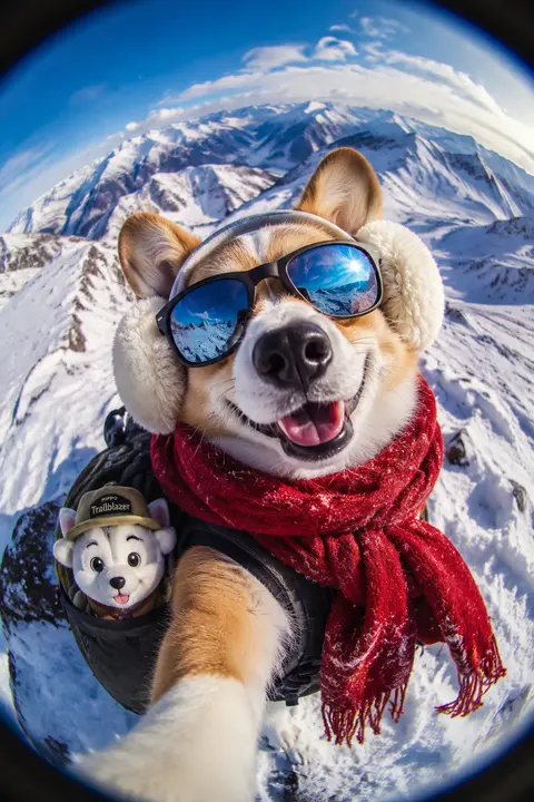 Fisheye lens selfie of a cheerful corgi grinning into the camera on a snowy ridg - AI生成图片 1