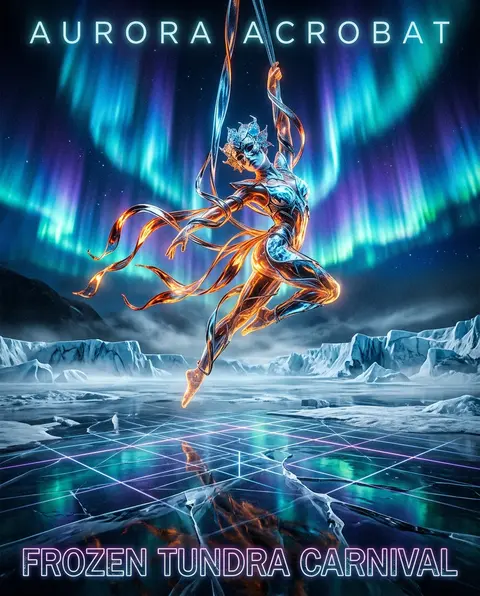 Masked carnival acrobat suspended above a frozen tundra, aurora curtains ripplin - AI生成图片 2
