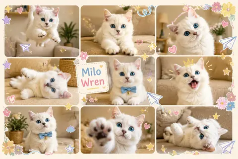 A playful snow-white British Shorthair kitten named `Milo Wren`, with luminous s - AI生成图片 1
